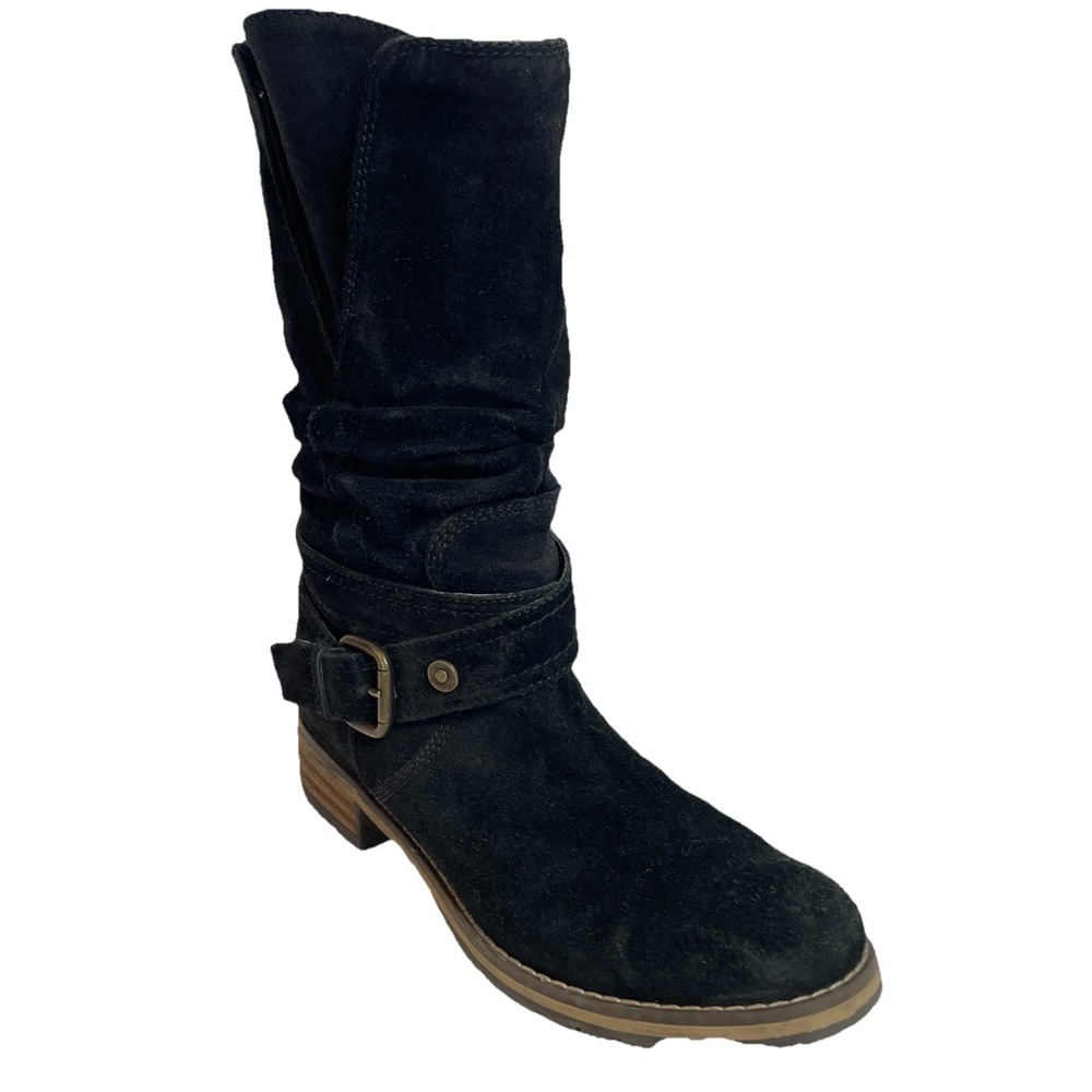 Clark's Riding Boots Women's 6.5 Black Suede Slip On Buckle Ruched Goth Cowboy - Picture 6 of 16